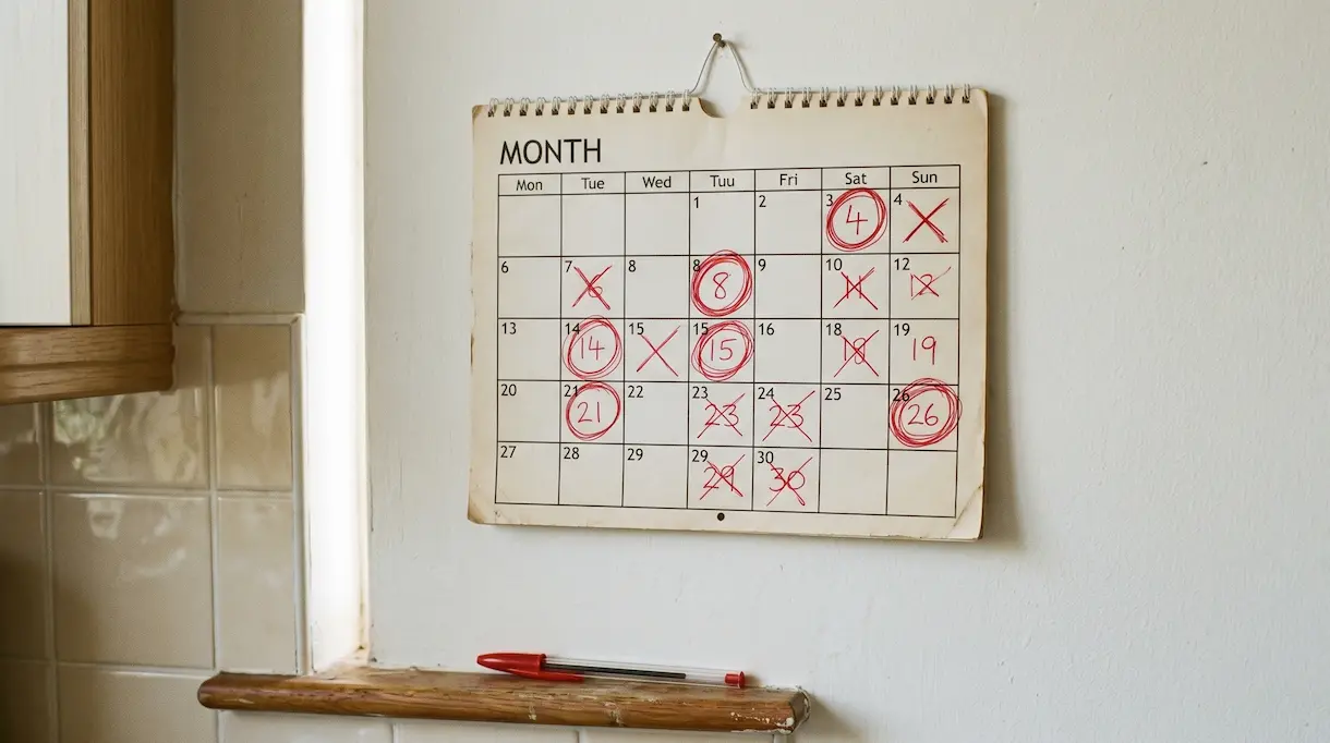 A simple wall calendar with several days circled in red pen, suggesting marking bad days through the month