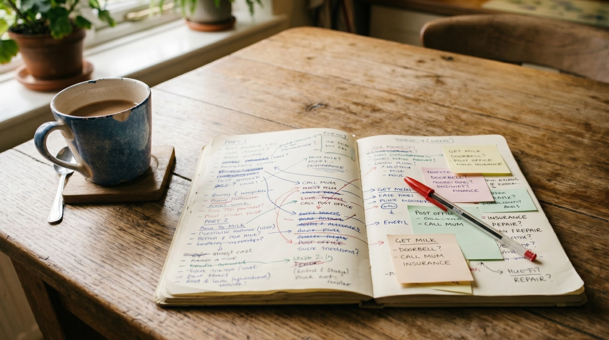 An open notebook covered in half-finished lists and arrows, a pen resting beside it, suggesting scattered task management