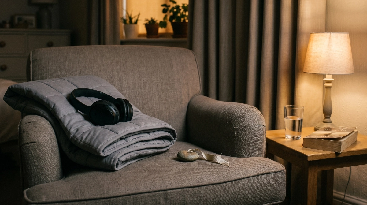 A quiet bedroom corner with noise-cancelling headphones resting on a folded weighted blanket