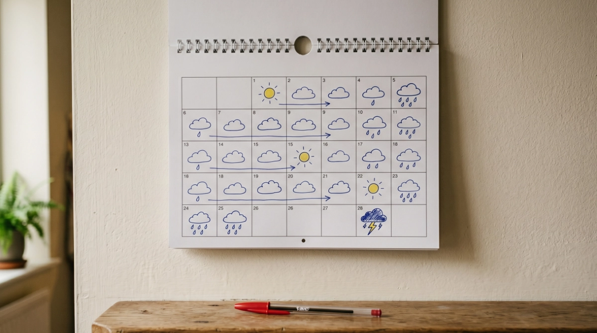 A weather-style calendar showing varied symbols across a month - some sunny days, more cloudy and stormy ones