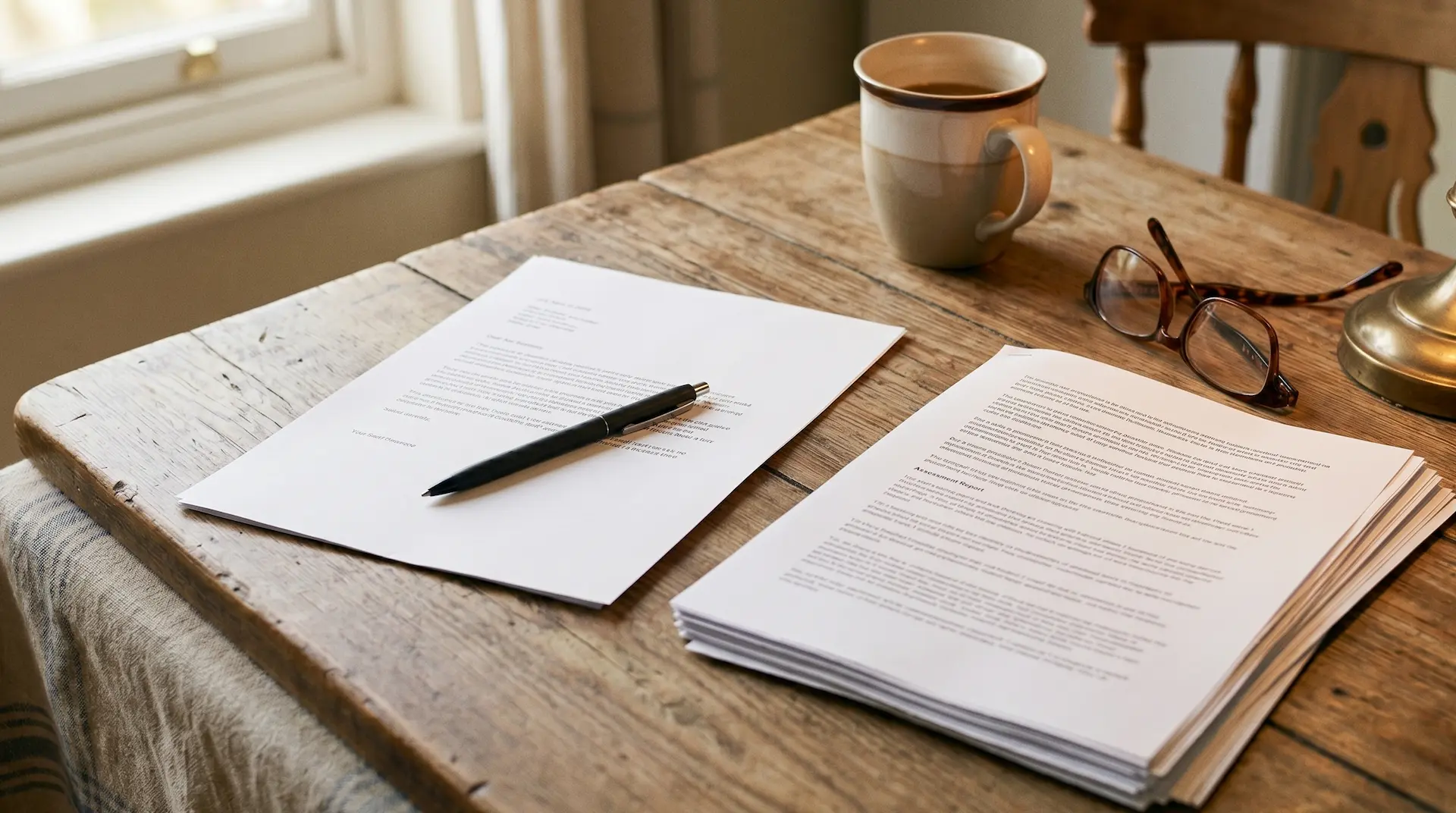 A typed letter on plain paper, partly visible, with a pen and a printed assessment report beside it