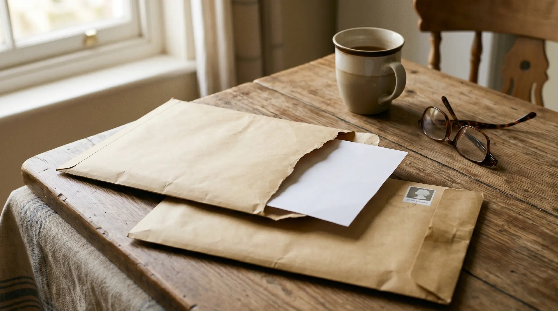 An opened brown DWP envelope and a letter face-down on a kitchen table, a cup of tea cooling beside it