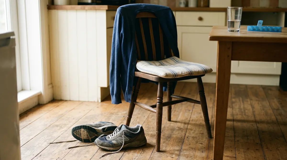 A worn pair of walking trainers placed beside a kitchen chair, suggesting a tired body resting after a short activity